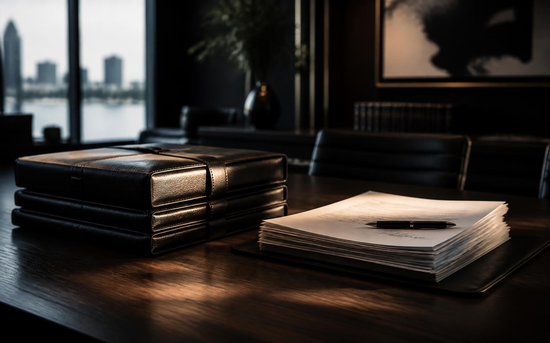 Bound case files and executed documents on a boardroom table at Legal Climate